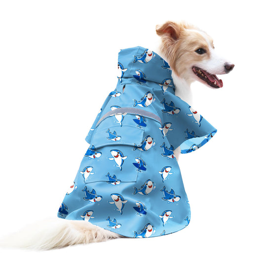 DELIFUR Large Dog Raincoat - Waterproof Dog Rain Poncho Adjustable Double Layer Rain Jacket with Hood for Medium Large Dogs Designed with Leash Hole Reflective Strip(Blue Shark X-Large)