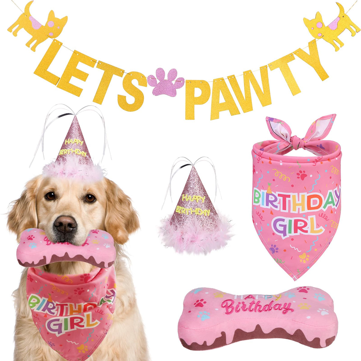 EXPAWLORER Dog Birthday Bandana Hat - Dog Birthday Outfit Party Supplies Set Bone Cake - Squeaky Toy Dog Birthday Gift Birthday Banner Decorations for Small Medium Large Dogs Girl Pink