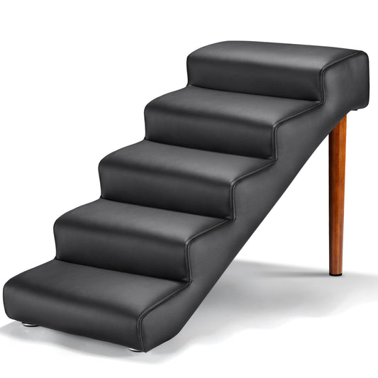 Senneny Black Faux Leather Dog Stairs for Pets up to 150 lbs Waterproof Scratch Resistant Pet Steps/Stairs with High Density Foam and Detachable Wooden Legs Black 5 Step