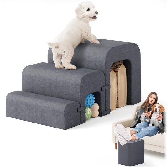 SereneCloud Dog Stairs for Small Dogs 3-Step Dog Ramp for Bed Pet Stairs for Small Medium Dogs and Pets with Storage for Bed Couch Sofa Climbing Lightweight and Comfort Grey