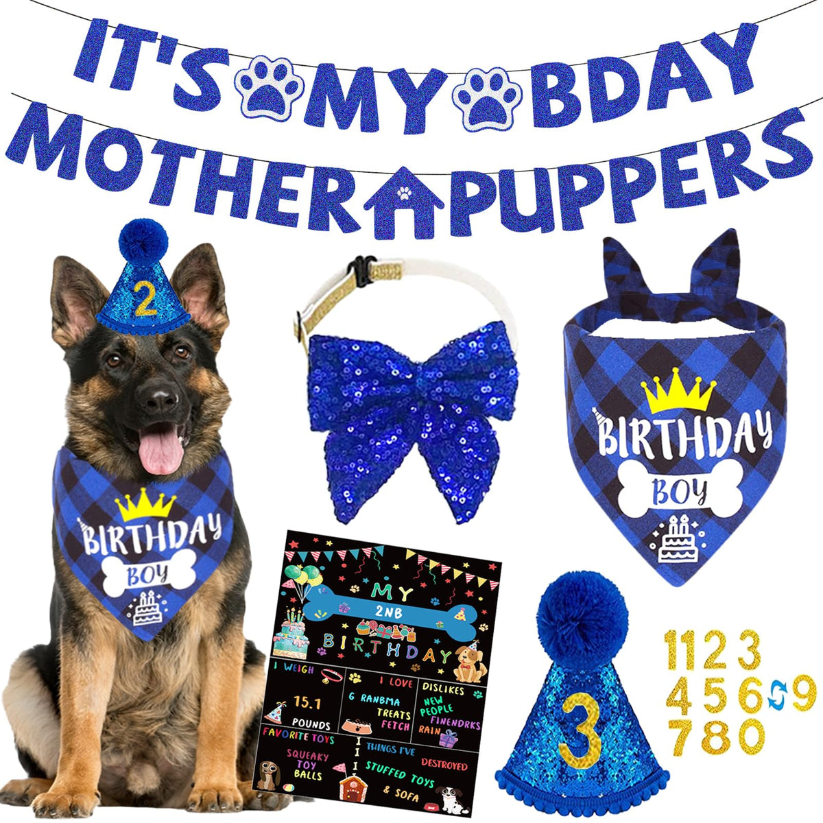 Dog Birthday Party Supplies Dog Birthday Bandana Boy Dog Birthday Hat Bow Tie Greeting Card Birthday Numbers It’s My Bday Mother Puppers Sign Banner for Medium Large Dogs