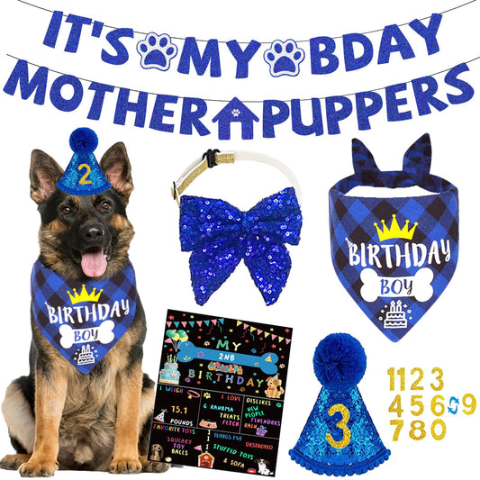 Dog Birthday Party Supplies Dog Birthday Bandana Boy Dog Birthday Hat Bow Tie Greeting Card Birthday Numbers It’s My Bday Mother Puppers Sign Banner for Medium Large Dogs
