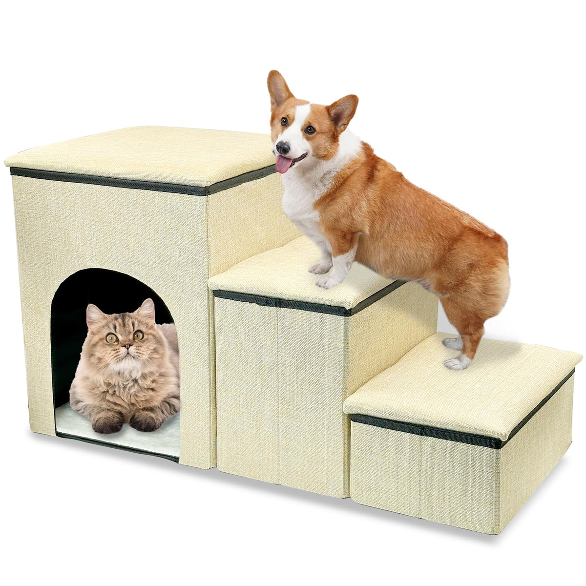 Fhiny Dog Stairs with Storage 3-Steps Foldable Pet Stairs for Small Dogs Non-Slip Puppy Steps with Condo for High Bed & Couch Dog Ramp for Old Dogs and Cats Holding up to 160 lbs Pets (Khaki)