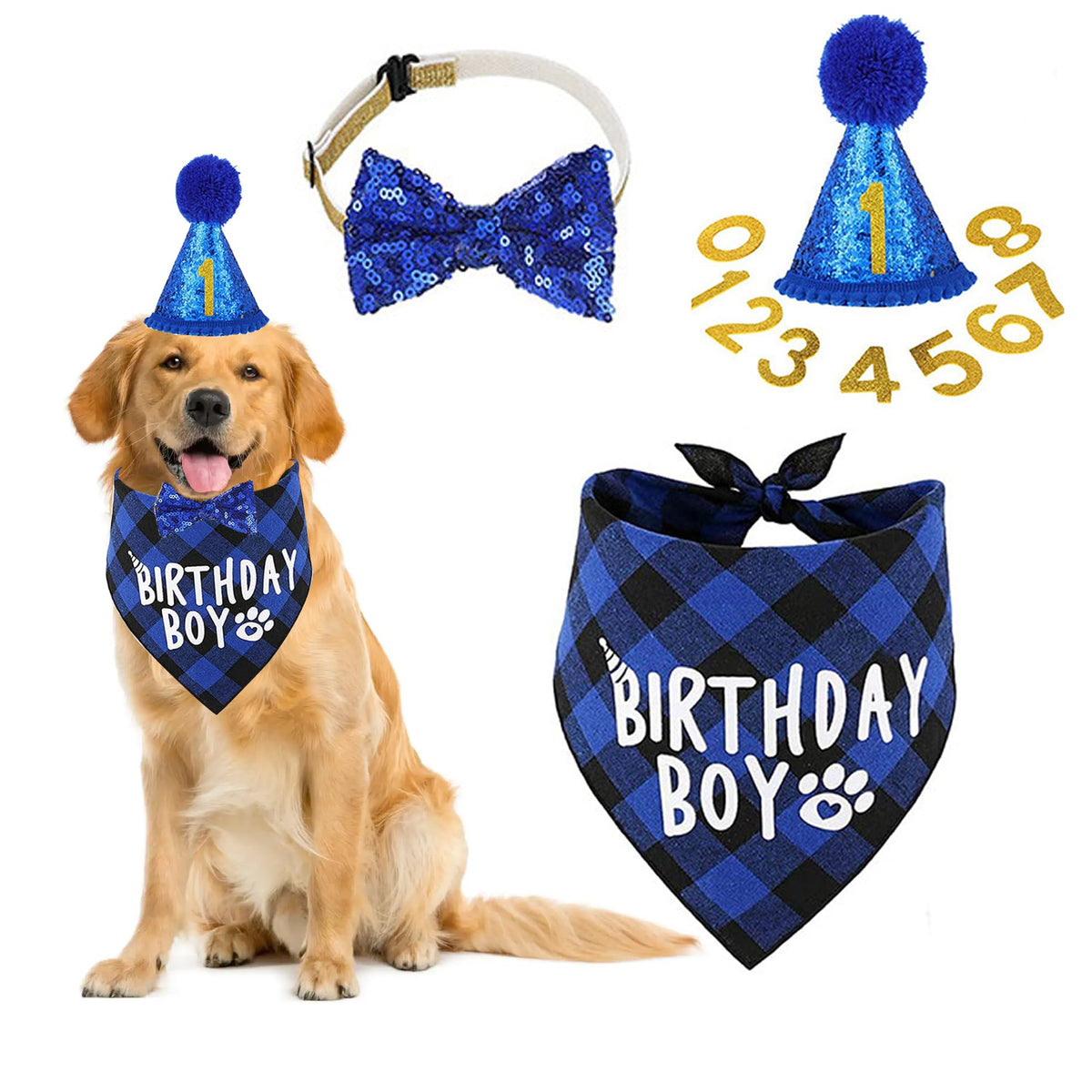 ZMD Dog Birthday Hat Birthday Boy Dog Bandana with Bow Tie Numbers Dog Birthday Party Supplies Puppy Birthday Hat Outfit Decorations for Medium Large Dogs Pets Blue