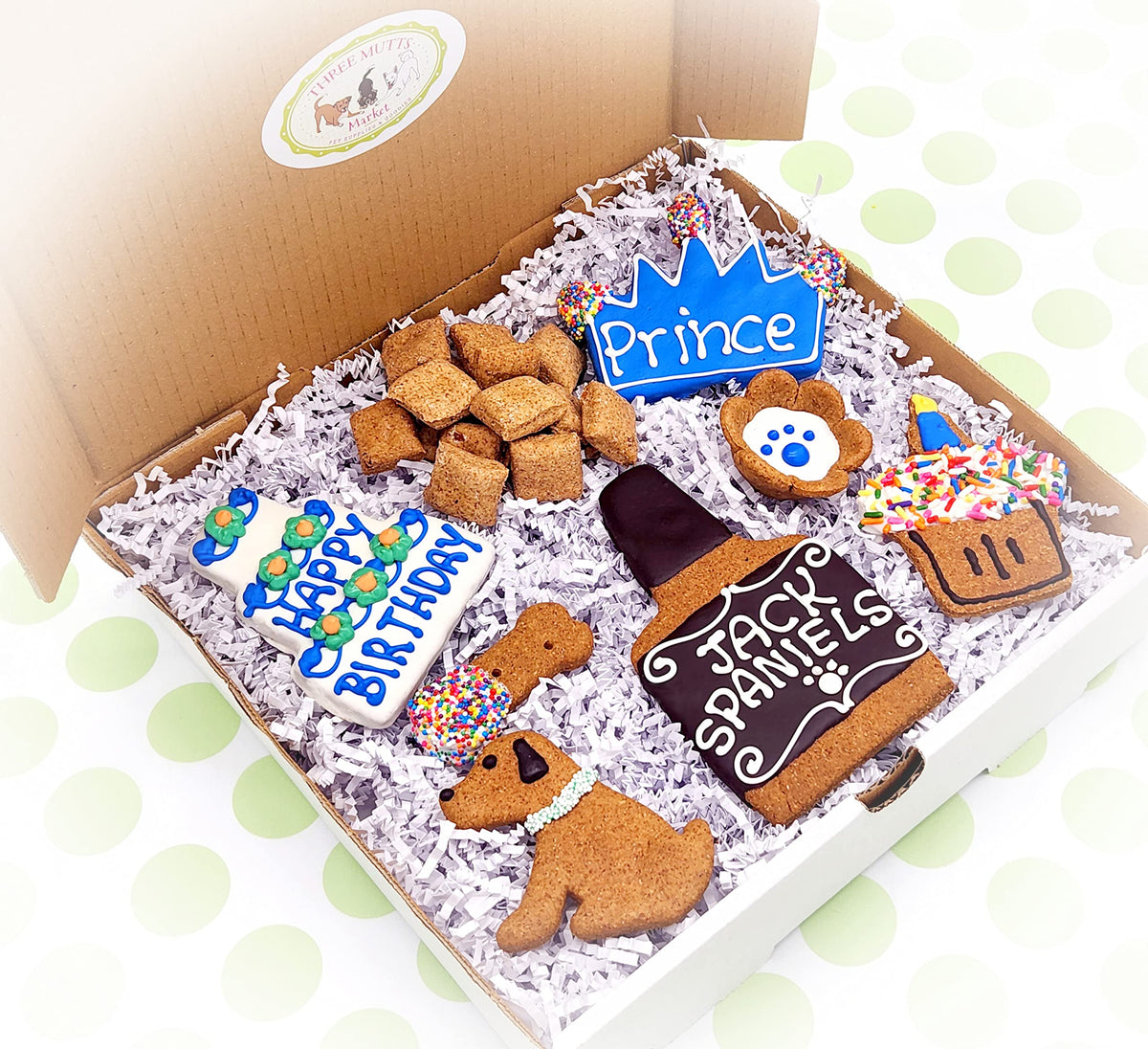 Three Mutts Market Happy Birthday Dog Treat Gift Box | Birthday Treats for Dogs | Human Grade Handmade and Decorated Dog Cookies | No Artificial Preservatives | Made in The USA (Birthday Boy)