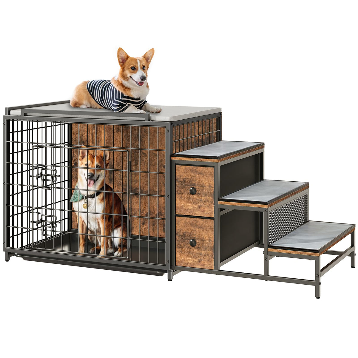 MAHANCRIS Dog Crate Furniture 53.1" Wooden Dog Kennel with Storage Drawers and Pull-Out Tray Dog Window Perch with Steps and Bed Heavy Duty Dog Cage for Small/Medium Dogs Rustic Brown DCHR11101N1