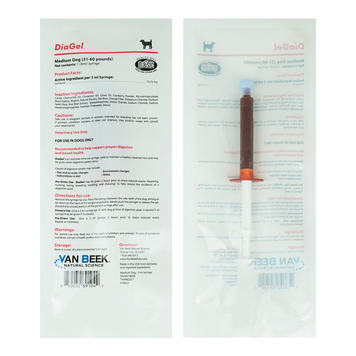 Van Beek Natural Science DiaGel for Medium Dogs - Natural Dog Supplements to Help Maintain Digestive Health & Function - Oral Gel to Help Control Diarrhea - Natural Pet Products