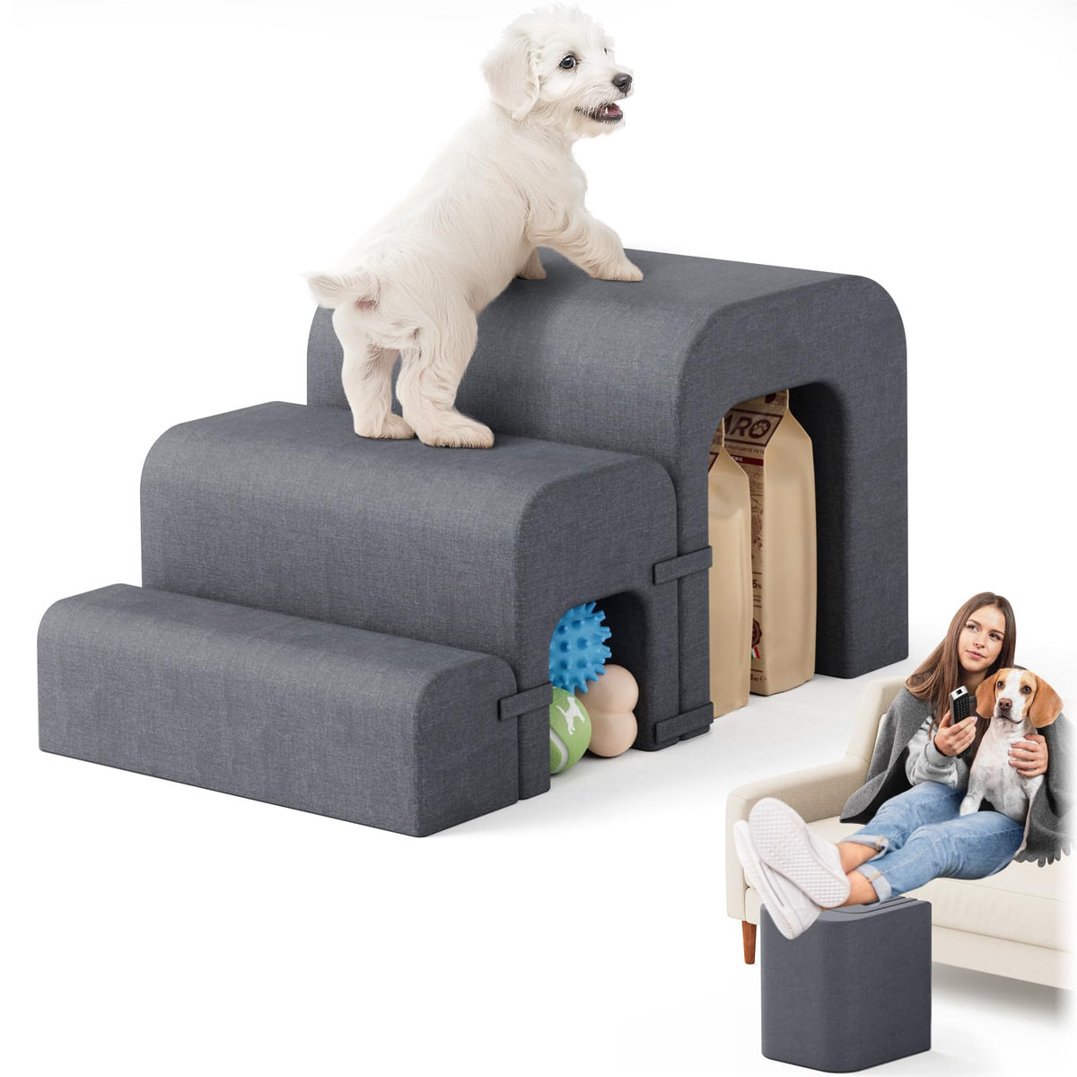 SereneCloud Dog Stairs for Small Dogs 3-Step Dog Ramp for Bed Pet Stairs for Small Medium Dogs and Pets with Storage for Bed Couch Sofa Climbing Lightweight and Comfort Grey
