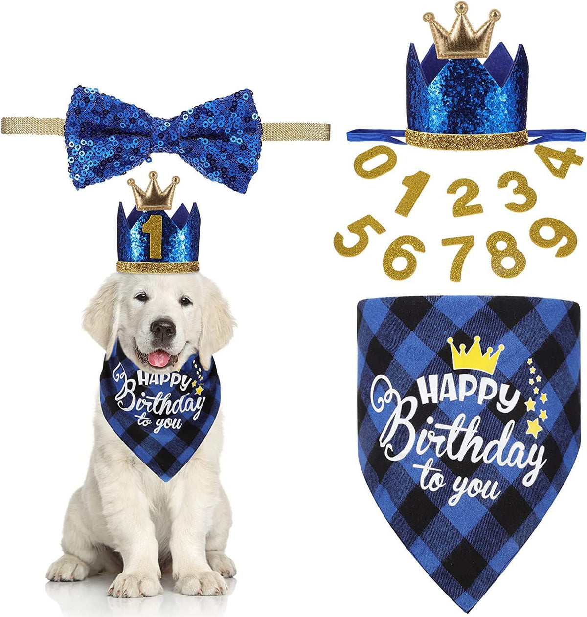 PawSailor Boy Dog Birthday Bandana Hat Bow Tie Pet Party Supplies Birthday Decorations Triangle Bibs for Small Medium Male Dogs Cats Blue