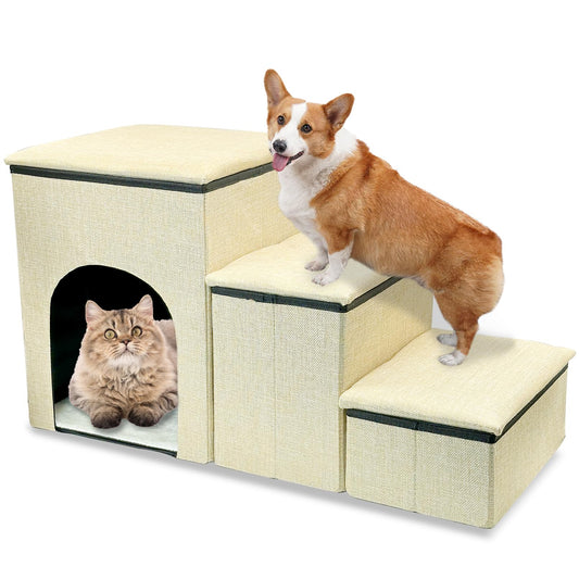 Fhiny Dog Stairs with Storage 3-Steps Foldable Pet Stairs for Small Dogs Non-Slip Puppy Steps with Condo for High Bed & Couch Dog Ramp for Old Dogs and Cats Holding up to 160 lbs Pets (Khaki)