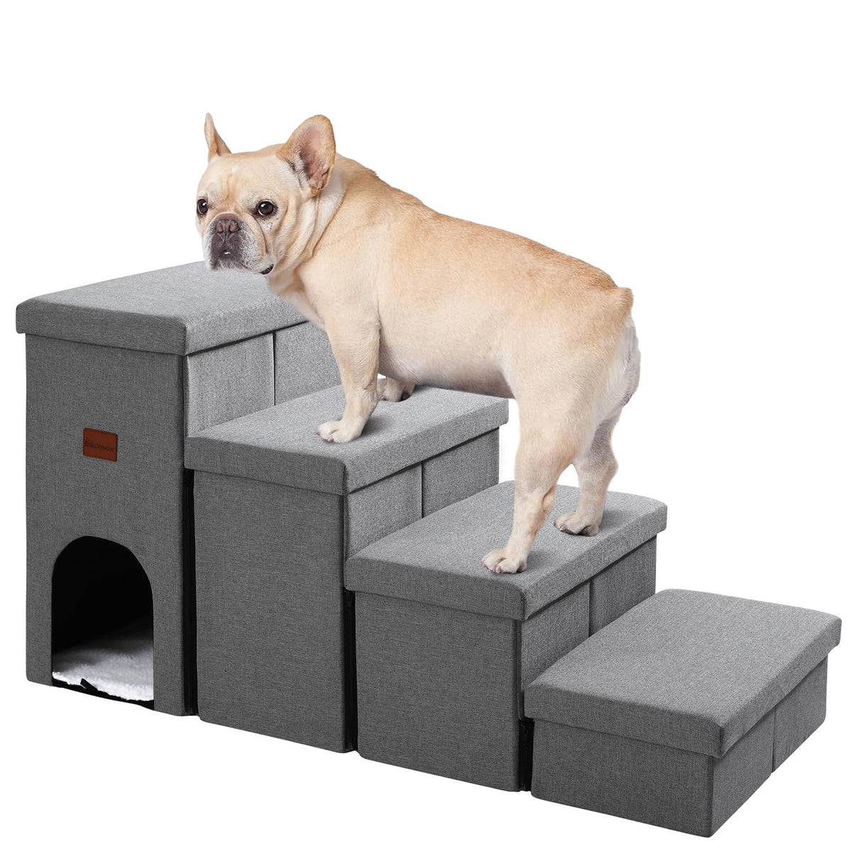 JOLLYVOGUE Dog Steps for Small Dogs Cat Stairs with Storage Non-Slip Dog Steps for Beds Couches Folding Pet Stairs Helper for High Beds Dog Ramp for Small Dogs and Cats or Pets Friendly 4-Tiers