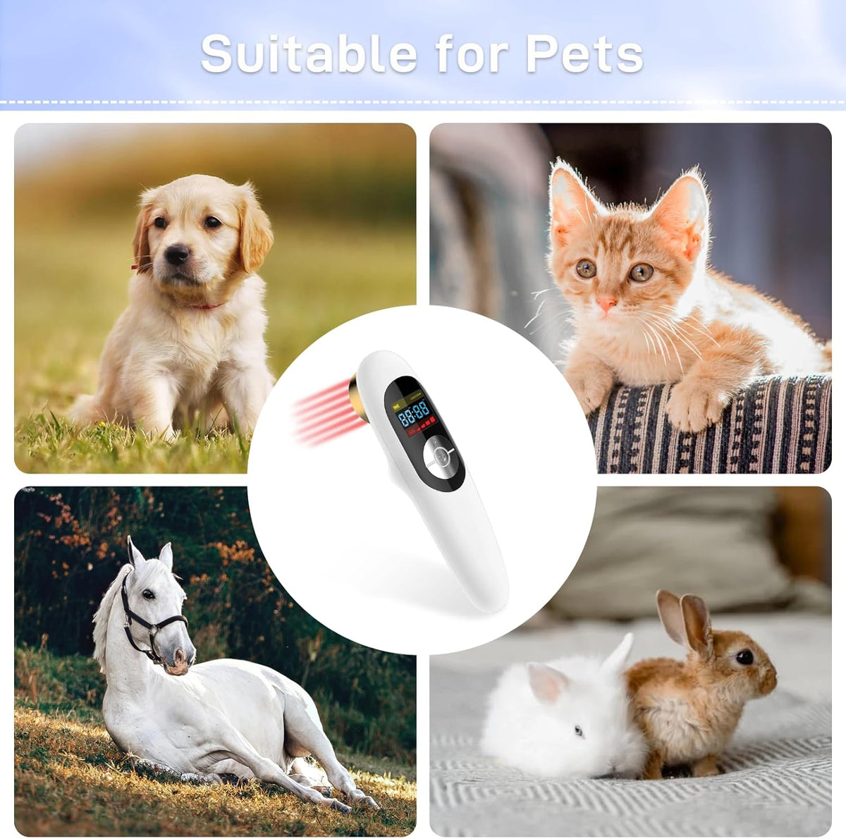 VetRelief Pro cold laser therapy device shown as suitable for various pets, including dogs, cats, horses, and rabbits, for safe at-home pain management.